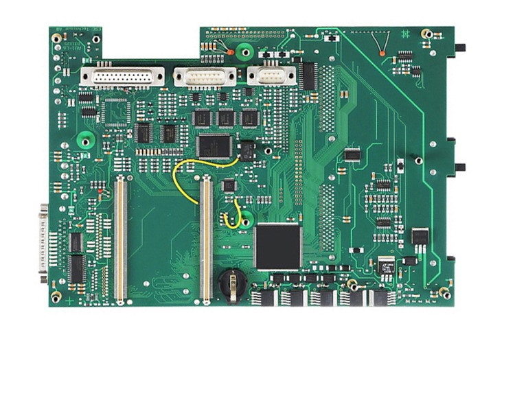 A long green circuit board with white pin-header connectors along its top edge, two long card-edge sockets and fine-pitch components