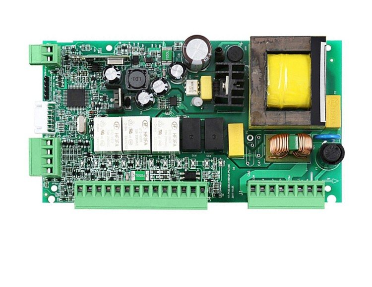 A power supply board with a through-hole transformer, three relays and green screw terminal blocks