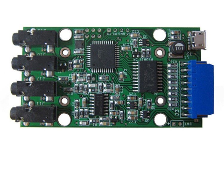 A board with four black connectors along one edge, an RJ45 socket, a USB socket and a large blue multi-pin connector