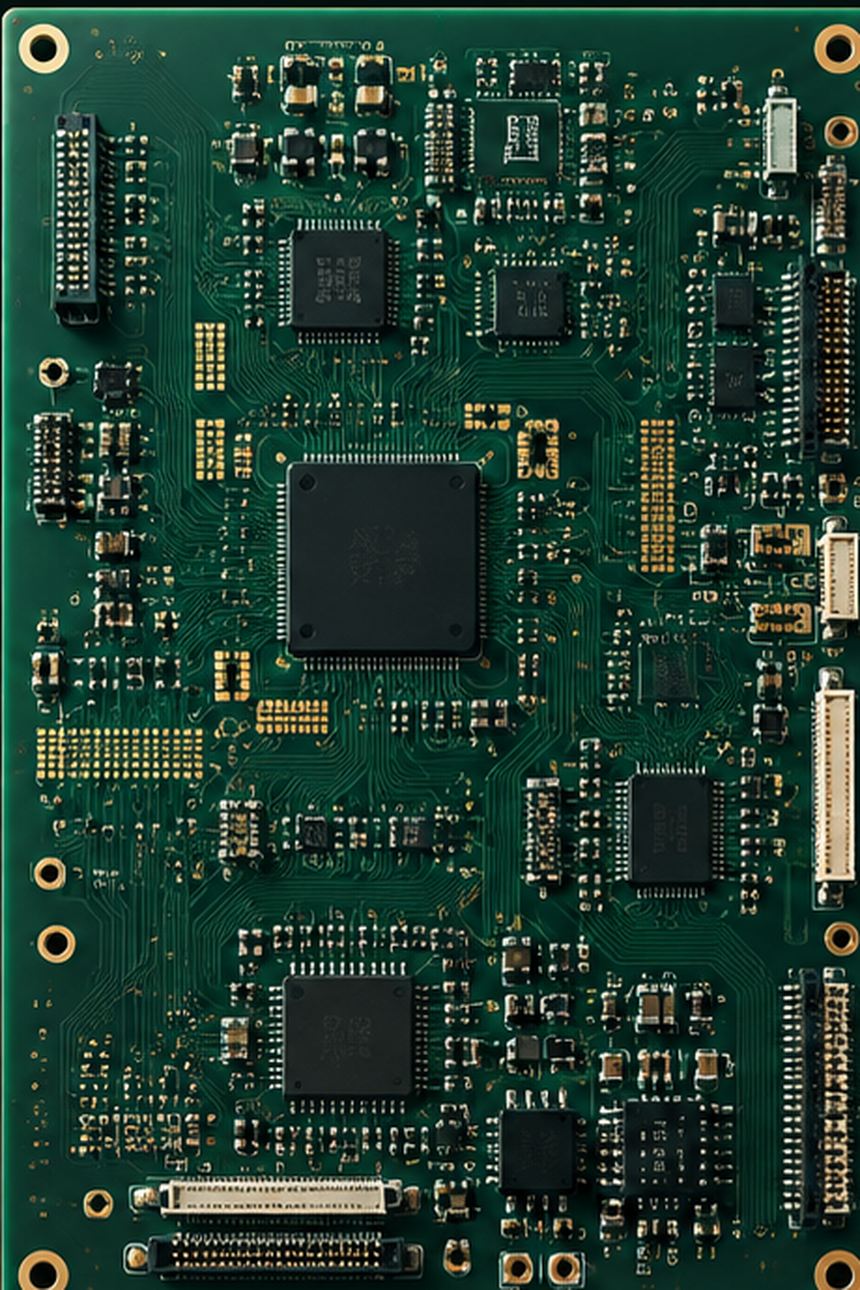 A tall populated board, at the scale of the 650 × 1,100 mm fabrication limit